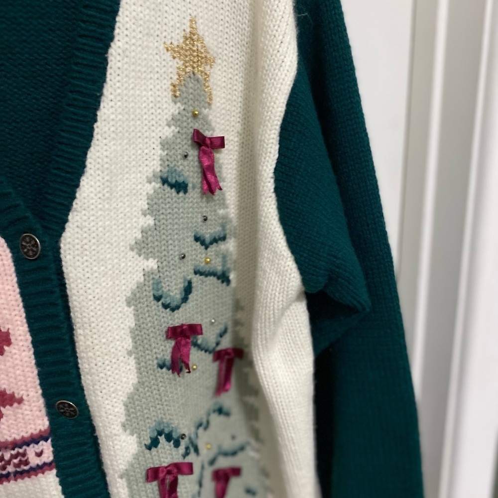 Karen Scott Women's Holiday Cardigan - Green, Pink, Cream Size 2X - Picture 5 of 10